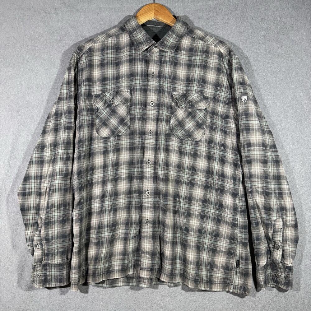 KUHL Dillingr Flannel Mens Xl Grey Plaid Metal Buttons Pockets Durable 7186